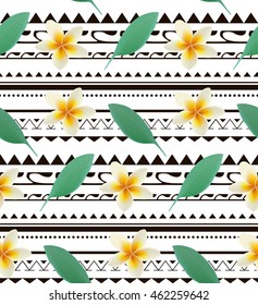 Print summer exotic plants plumeria tropical palm leaves. Pattern, seamless floral vector background on the background of the tribe. It can be used for cloth, background, covers, tablecloths