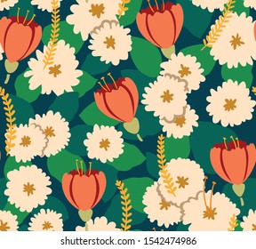 print of summer flowers of coral color on a background of green leaves