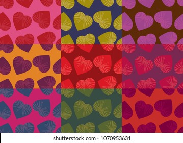 Print for summer in a heart shape. Patterns, vectors of love, and leaves with colorful, red, purple, green, brown, orange, yellow, blue, pink and black geometric backgrounds. Natural wallpapers.