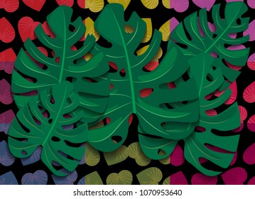 Print for summer in a leaves shape. Patterns, vectors of leaves with a colorful, green, blue, pink, red and purple, geometric backgrounds. Natural wallpapers.