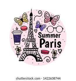 Print Summer Paris with Eiffel Tower and butterfly. Design female holiday. Vector hand drawn sketch isolated