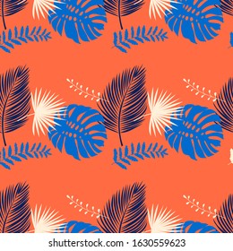 Print summer seamless vector pattern wallpaper with exotic leaves in trend colors. 