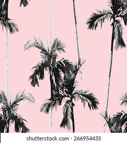 Print Summer Seamless Vector Pattern With Tropic Banana Palm Tree. Exotic Pink Background. Trendy Black And White Floral Wallpaper.