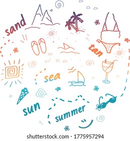 Print with a summer theme, guardian fill. Doodle summer vector set. Collection of hand-drawn icons. Holiday, beach vacation.