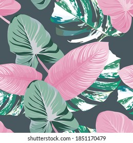 Print summer trendy exotic abstract pink color tropical leaves with green marble monstera leaf seamless vector pattern on gray background. Contemporary tropic creative wallpaper