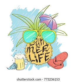 Print "Summerlife" with a pineapple. Hand drawn lettering. This illustration can be used as a print on T-shirts and bags.