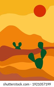 Print sunny day in the desert with dunes and cactus vector drawing handmade. Poster minimalistic nature landscape with sand. 