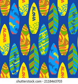 Print with surfboards. Funny seamless pattern for clothes summer.