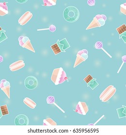Print with sweets, flat design style. Seamless pattern with chocolate, ice cream, macarons, lollipops and cakes. Vector illustration. All elements are grouped.