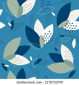 Print for swimwear, bikinis, bathing suits, summer and swimming pool. Blue foliage, for the beach, seamless vector pattern, tropical colors, beautiful organic shapes. Nautical illustration for fabrics