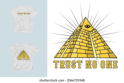 Print Symbol of the new world order. The all-seeing eye of Providence. Modern pyramid with a glowing eye. Trust no one.