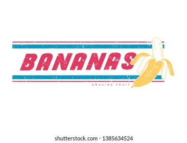 Print for a t shirt design. Illustration of a banana with slogan and color stripes. Amazing fruit.