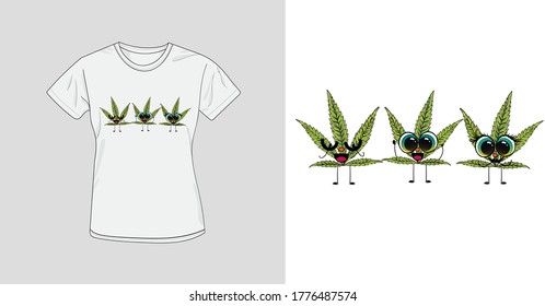 Print for t shirt design with three wise hemp. Funny illustration of leaf cannabis character with big eyes for print