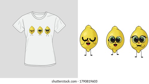 Print for t shirt design with three wise lemon. Funny illustration of fruits character with big eyes for print