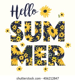 Print for tee shirt with message Hello summer on the white background. Yellow sunflowers illustration. 