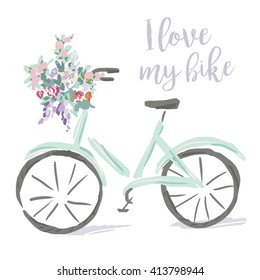 Print for tee shirt with message I love my bike on the white background. Mint bicycle with bouquet of flowers. Cute illustration.