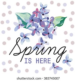 Print for tee shirt with message Spring is here. Lilac flowers on the white background with pastel dots. Typographic design artwork. Vector poster or card, decor for home, pillow.
