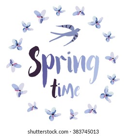 Print for tee shirt with message Spring time. Lilac flowers frame on the white background with swallow. Typographic design artwork. Vector poster or card, decor for home, pillow.
