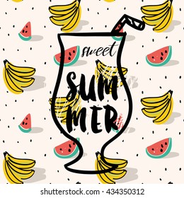 Print for tee shirt with message Sweet summer in the cocktail. Red watermelon and yellow banana on the background with dots. Tropical vector illustration with sweet fresh fruits. Hand drawn.