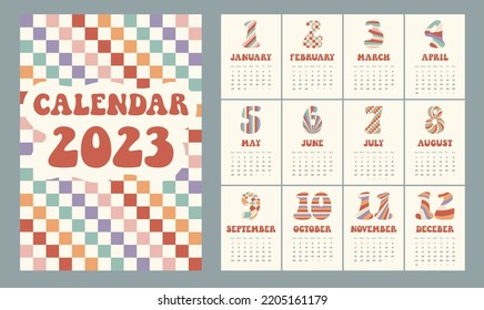Print template calendar for 2023 in vertical A3 format.12 months and cover. 12 Hippie Groovy curved distorted waves, cage, stripes, rays, checker vector geometric abstract digits background. 