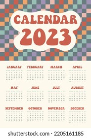 Print template calendar for 2023 in vertical A4 format. 12 months and cover. Simple Hippie Groovy 2023 year vector calendar. Week starts on Sunday. Isolated.