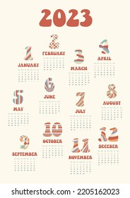 Print template calendar for 2023 in vertical A4 format. 12 Hippie Groovy curved distorted waves, cage, stripes, rays, checker vector geometric abstract digits. Week starts on Sunday. Isolated.