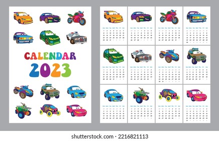 Drucken Sie einen Vorlagenkalender für 2023 im vertikalen A3-Format. 12 Cartoon-Kinderwagen. Kleines lustiges, kurzes Fahrzeug mit Augen und Mund, lustiges Lächeln Auto für Kinder. Die Woche beginnt am Sonntag. Einzeln.