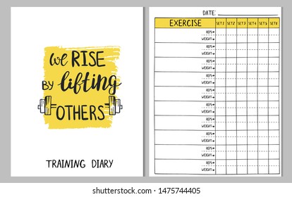 Print template for gym training diary log. Page with cells and cover with motivational quote