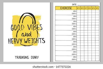 Print template for gym training diary log. Page with cells and cover with motivational quote