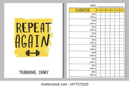 Print template for gym training diary log. Page with cells and cover with motivational quote