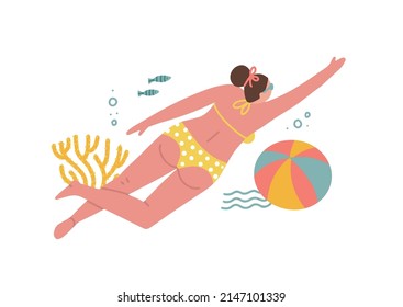 Imprimir plantilla con escenas del verano del océano - mujer nadando en el mar con corales y peces con bola inflable. Dibujo manual de dibujos gráficos abstractos de dibujos animados abstractos de dibujos animados de verano