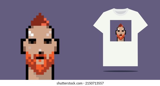 Print template for unisex white t-shirt with short sleeve pixelart. front view. Vector template.