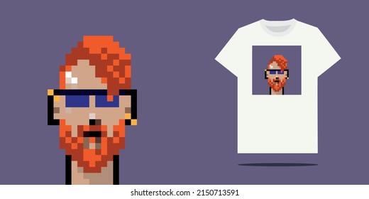 Print template for unisex white t-shirt with short sleeve pixelart. front view. Vector template.