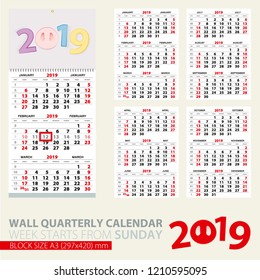 Print template of wall quarterly calendar for 2019 year. Year of the Pig. Block size A3. Week starts from Sunday.