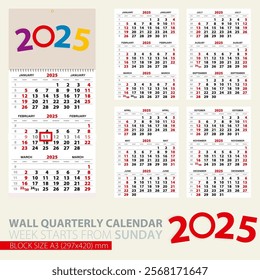 Print template of wall quarterly calendar for 2025 year. Week starts from Sunday.