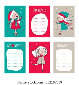 Print templates set. Cute hand drawn Doodle colorful stylish birthday party, cards, brochures, invitations with cute girls. Snow, ice skating.