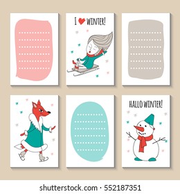 Print templates set. Cute hand drawn Doodle colorful stylish birthday party, cards, brochures, invitations with snow, snowman, cute girl and fox. Winter fun ice skating and sled.