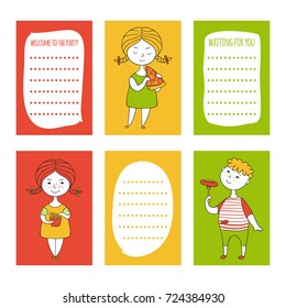 Print templates set. Cute hand drawn Doodle colorful stylish birthday party, cards, brochures, invitations with girls and boys with food. Boy with dog, girl with pizza and fries.