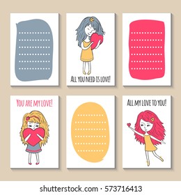Print templates set. Happy Valentines day. Cute hand drawn Doodle colorful stylish Valentines party, cards, brochures, invitations with cute girls.