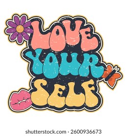 Print, Text Love Yourself, Flower, Lips, Butterfly, Modern calligraphy text about self-care, lettering, slogan, quote, motivation, sticker, Retro vintage label, Motivational slogan, Quote for blog, Po