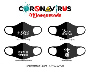 Print text on face masks in different languages. Translations Protect and keep Russian and Latin, Allahu Akbar in Arabic, Chinese character Health. Illustration, vector