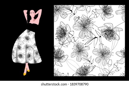 Imprimir Diseño de Tejido Textil Impresión Floral Fría Flores Negras Blanco
