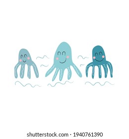 Print of three funny octopuses. Vector illustration on white background. 