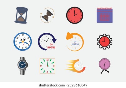 Imprimir tiempo y reloj iconos lineales establecidos. Temporizador, reloj, velocidad, calendario, reloj despertador, fecha y gestión de tiempo aislado sobre fondo blanco