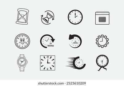 Imprimir o tempo e relógio conjunto de ícones lineares. Temporizador, relógio, velocidade, calendário, despertador, data e hora de gerenciamento isolado no fundo branco