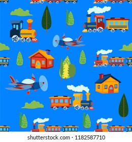 print toy transportation train airplane seamless pattern vector illustratiin design blue background