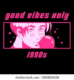 Print for t-shirt with anime cartoon male personage and slogan "Good vibes only".