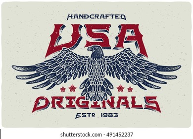 Print for t-shirt with bald eagle illustration and text "Handcrafted USA Originals"