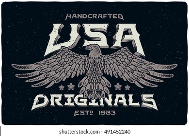 Print for t-shirt with bald eagle illustration and text "Handcrafted USA Originals"