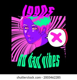 Print for t-shirt with cartoon male personage in anime style and slogan "No bad vibes". Vector illustration in neon colors.